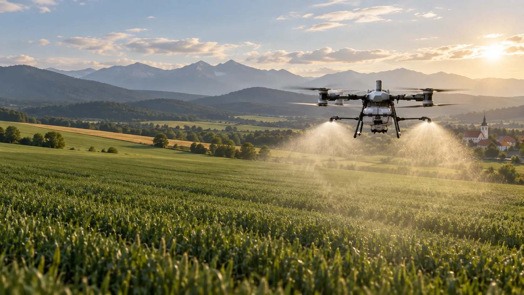 Poľnohospod&aacute;rsky dron nad poliami, horami a dedinou